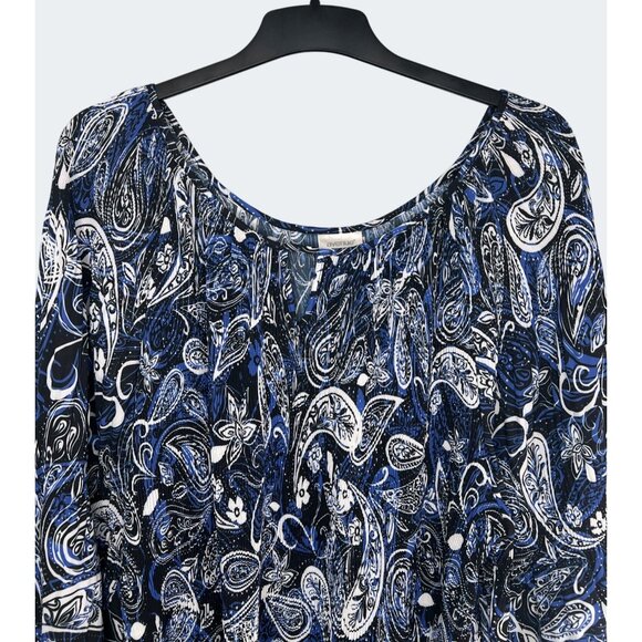 Avenue Plus Blue Paisley Keyhole Neck Blouse 3/4 Sleeve Plus Size 30/32 - Picture 9 of 13